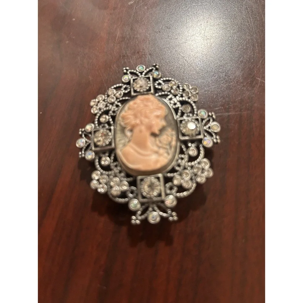 Vintage Cameo Style Rhinestone Brooch w Extenders Victorian Revival
